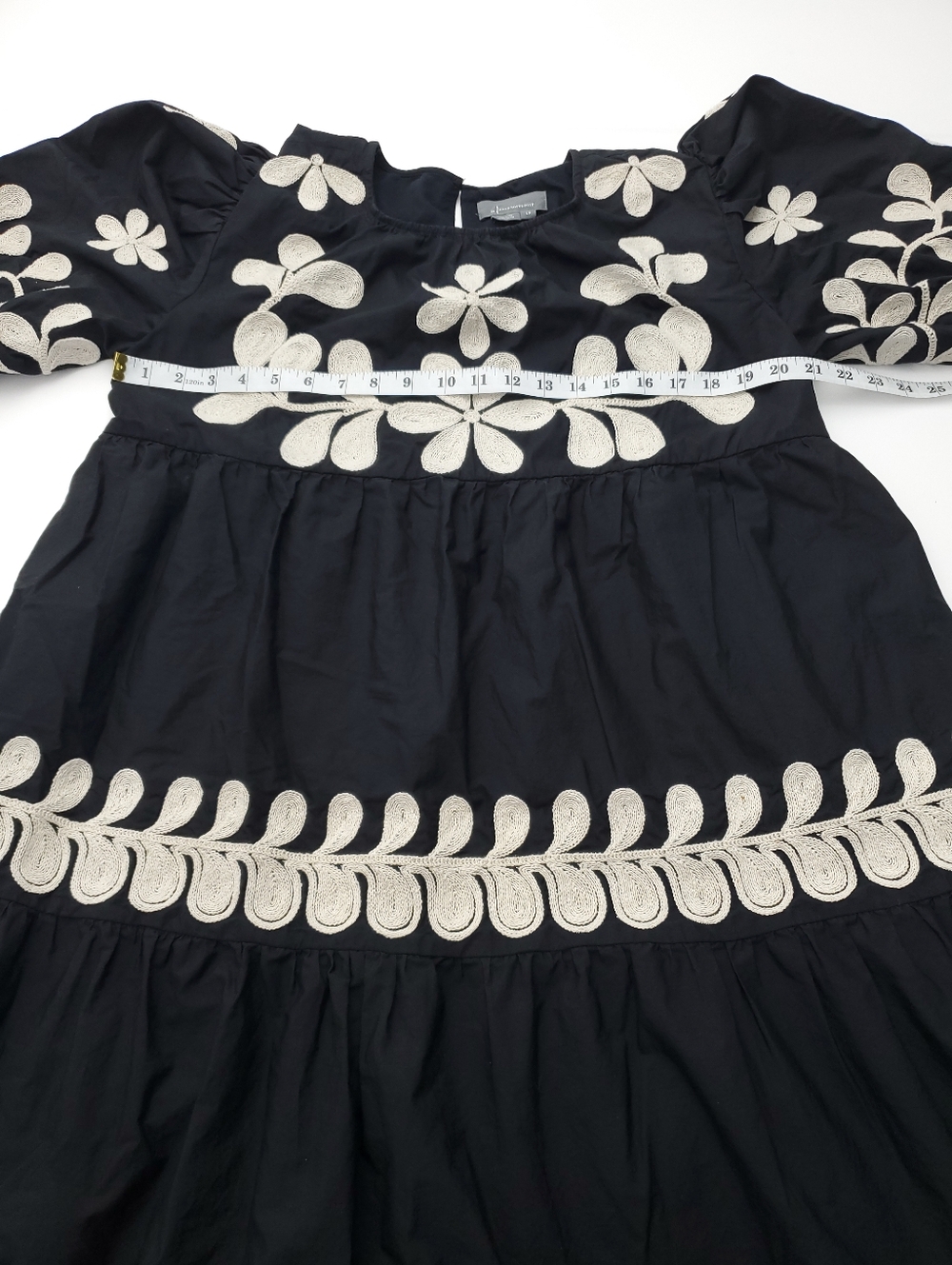 Anthropologie Embroidered Puff-Sleeve Black Midi Dress Boho Relaxed Cotton Sz LP - Picture 5 of 13